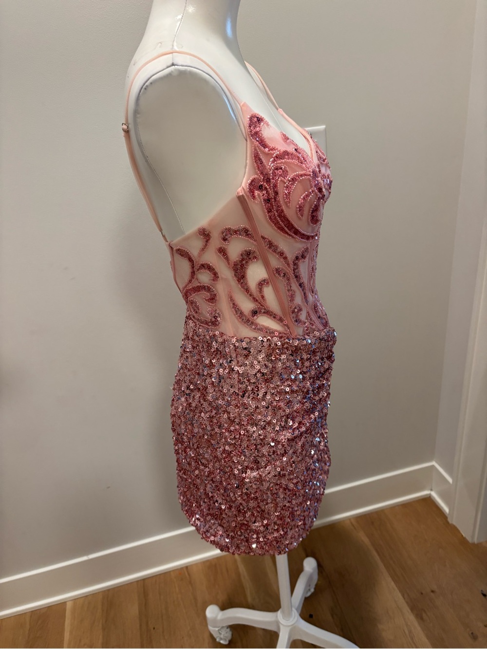 Stacees Rose Pink Sequin Embellished Mini Dress Corset Bodice - Picture 4 of 8